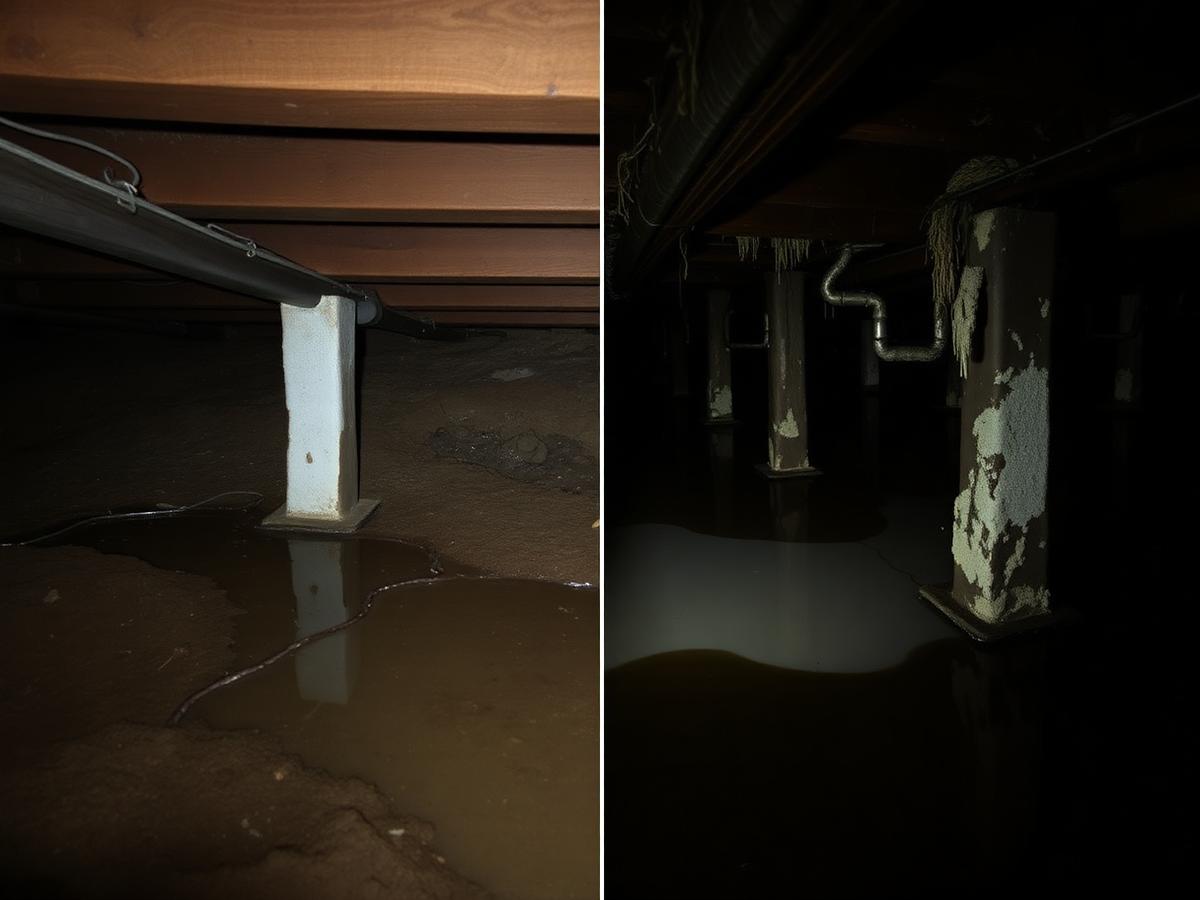 Damp dirt crawlspace with standing water and mold-damaged piers